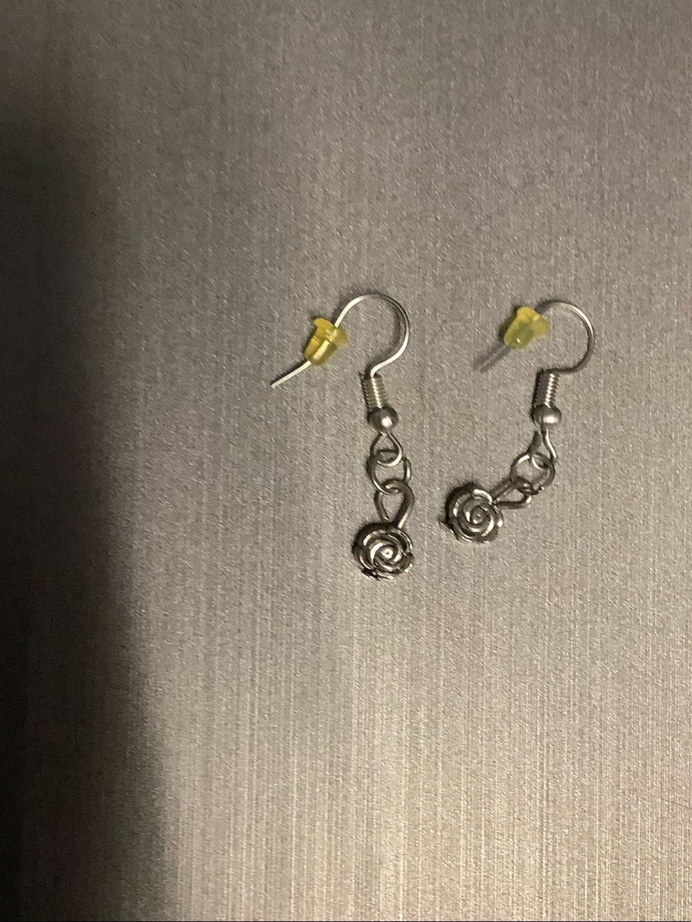 Hand Crafted Silver Rose Drop Earrings with Yellow Back Stops